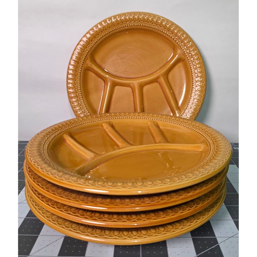 Vintage Ved. Besio & Figlio Divided Fondue Plates Amber Glaze Italy Set of 5